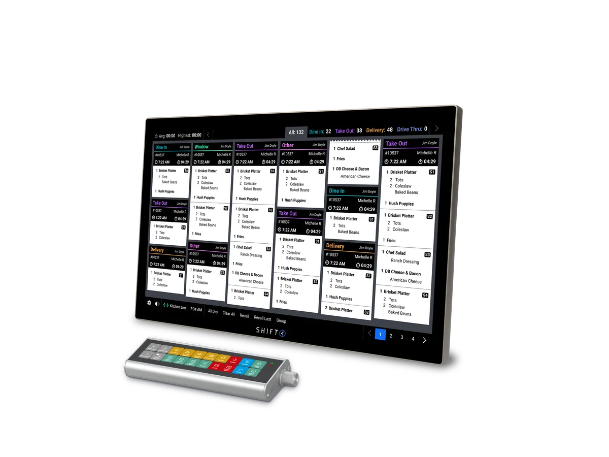 Shift4 Kitchen Display System with bump bar showing dine-in, takeaway and delivery orders