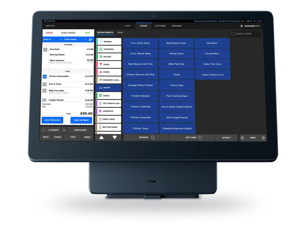 Shift4 Workstation POS terminal running Shift4 Dine with a UK restaurant menu